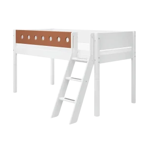 High Bed 120 cm with Slanting Ladder and Blush Safety Rail, 90x200 cm, WHITE