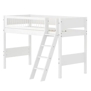 High Bed 143 cm with Slanting Ladder and Safety Rail, 90x200 cm, WHITE, Crossbars