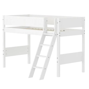 High Bed 143 cm with Slanting Ladder and Safety Rail, 90x200 cm, WHITE, Grooves