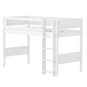 High Bed 143 cm with Straight Ladder and Safety Rail, 90x200 cm, WHITE, Crossbars
