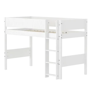 High Bed 143 cm with Straight Ladder and Safety Rail, 90x200 cm, WHITE, Grooves