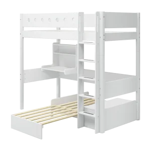 High Bed 184 cm with Desk, Sofa, Ladder and Safety Rail, 90x200 cm, WHITE
