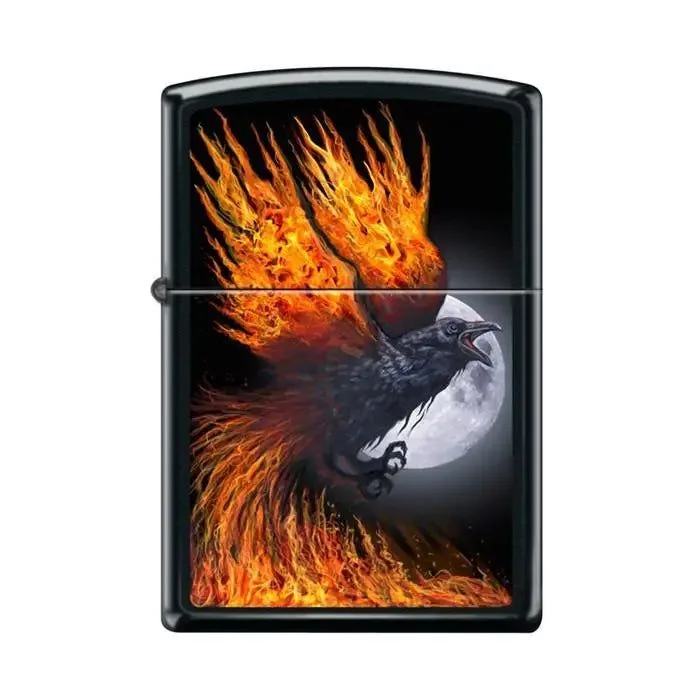 Zippo Lighter - Flaming Raven Black Matte
