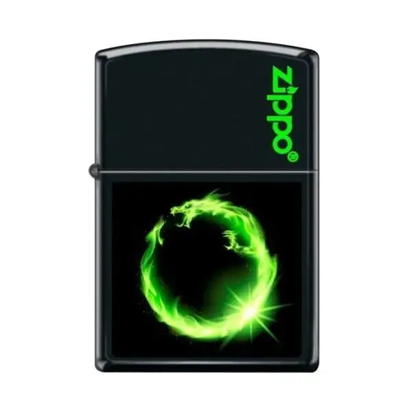 Zippo Lighter - Green Fire Dragon Ring Black Matte